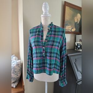 Pilcro Anthropologie Womens XXS Relax Fit Green Pink Plaid Top Cropped